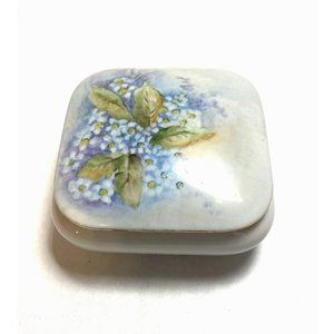 Hand Painted Trinket Box Ceramic Flowers White Blue Green Leaves Artist Signed